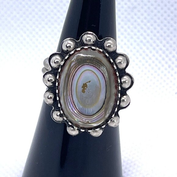 Iridescent Abalone Shell Silver-Tone Metal Adjustable Band Ring Size 6.25 VTG - Picture 4 of 8